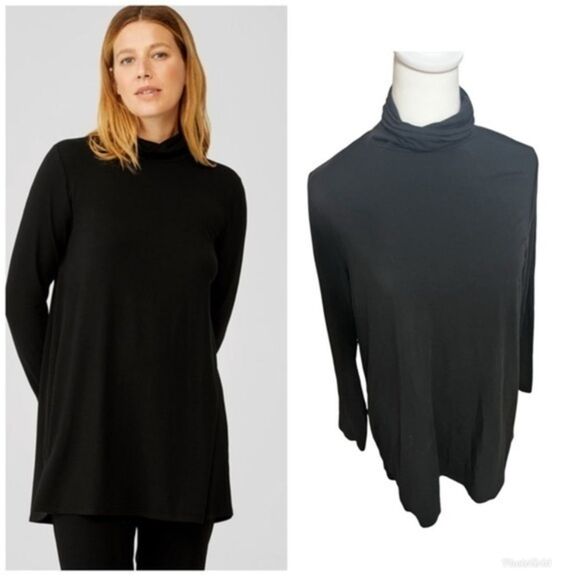 EILEEN FISHER Fine Jersey Scrunch Neck Top black small turtleneck - Picture 1 of 10